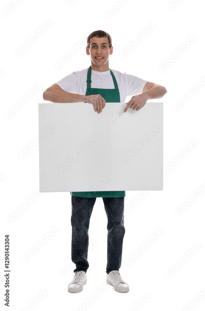 Smiling cleaning service worker with sheet of paper on white background. Space for text Smiling cleaning service worker with sheet of paper on white background. Space for text