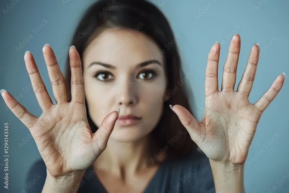 Woman raises hands in defense against violence Woman raises hands in defense against violence