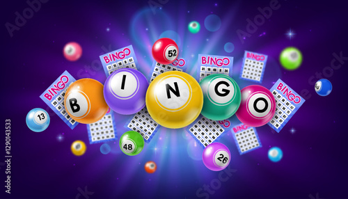 Bingo lottery balls and tickets. Jackpot win, gambling lottery and fortune chance, casino lotto, luck opportunity realistic vector background. Gamble lucky bet 3d backdrop with flying bingo balls