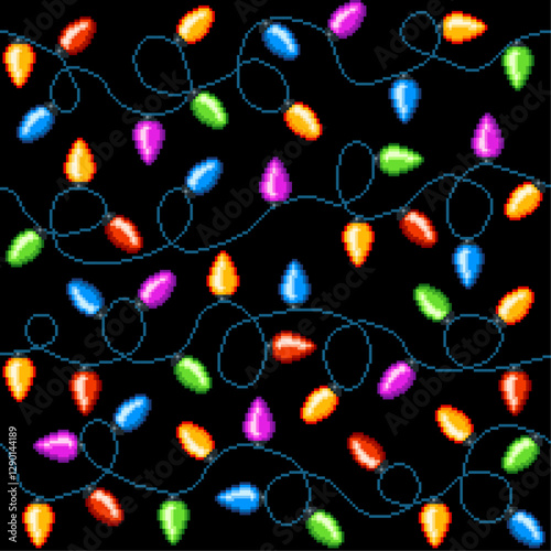 Christmas pixel lights seamless pattern or winter holiday garland vector background. Christmas lights in 8bit pixel pattern, Xmas decoration of colorful bright light bulbs for New Year background