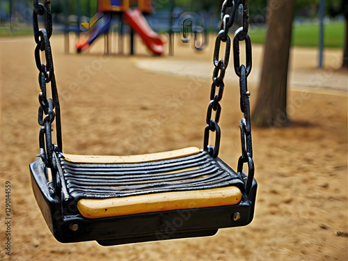 Empty Swing: A close-up shot captures a solitary swing set, conveying a sense of nostalgia and the simple joy of childhood, with the playground gently blurred in the background. 