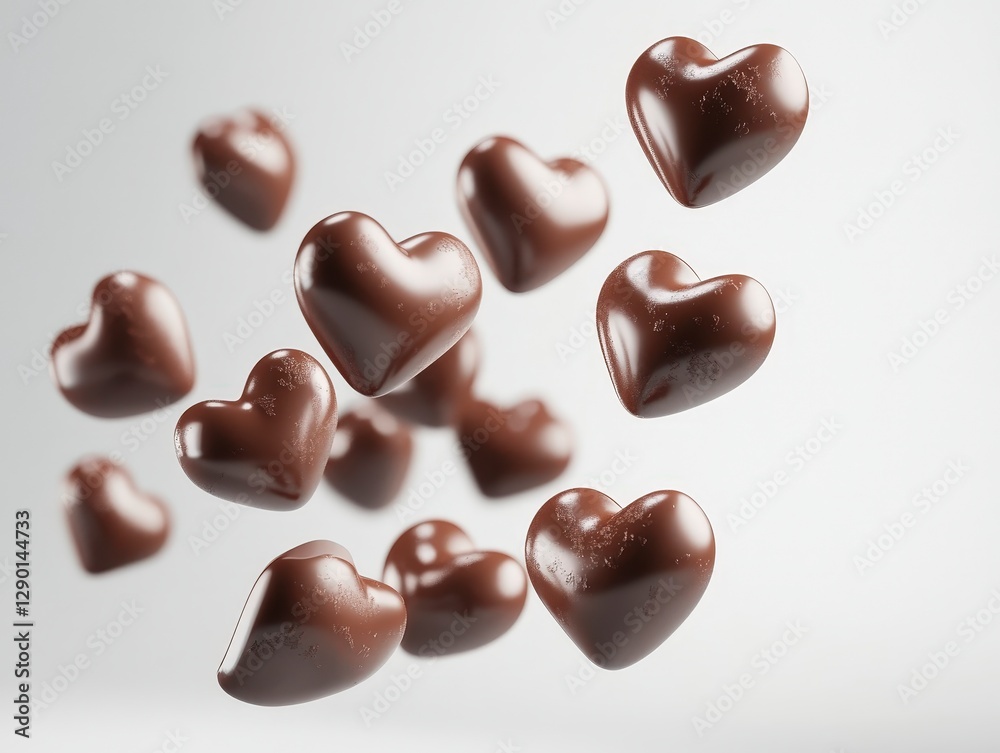 Fototapeta premium Flying Dark Chocolate Hearts on a Soft Focus Background