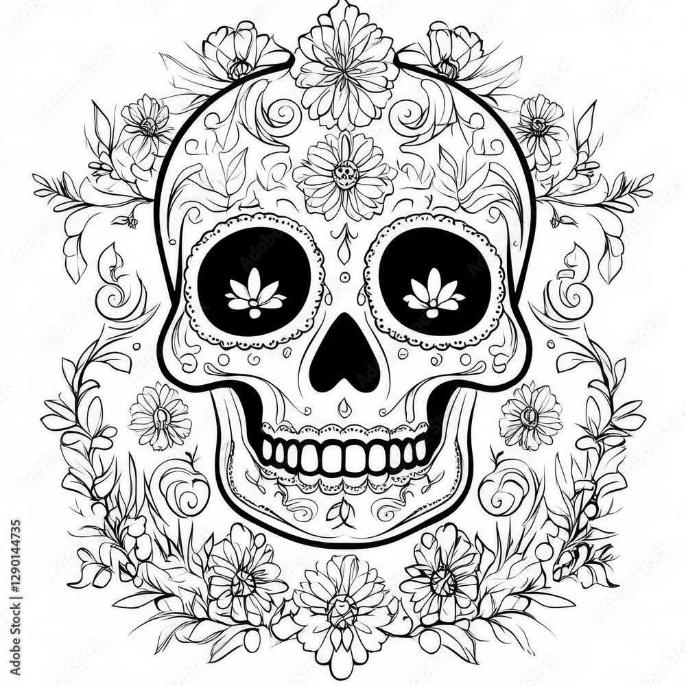 Fototapeta premium Ornate Sugar Skull with Floral Wreath Day of the Dead Coloring Page Design