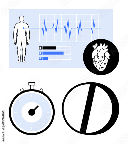 Human silhouette heartbeat graph health metrics heart organ stopwatch medicine pill. Ideal for medical, healthcare, cardiology, fitness, pharmaceuticals, diagnostics, wellness. Line metaphor
