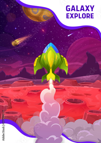 Spaceship launch from space planet of alien galaxy, vector astronomy science and space exploration. Cartoon rocket take off with smoke and fire with fantasy galaxy landscape, starry sky and asteroids
