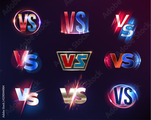 Vs or versus vector sign, game or sport confrontation symbols set with blue and red neon glow. Sports game, fight or battle competition challenge, martial arts combat or challengs emblems or labels