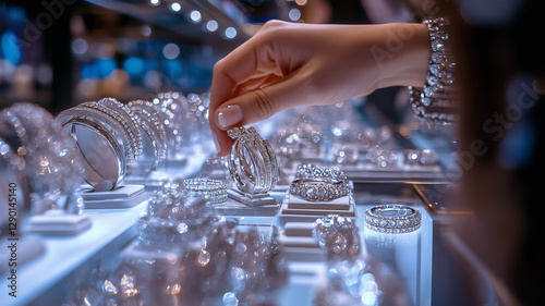 Close Up Of A Hand Selecting A Sparkling Silver Ring Amidst Jewelry Display Under Bright Lights