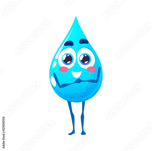 Cartoon happy water drop character. Blue aqua drop, fresh water drip or clean moisture droplet isolated vector cute mascot. Pure drink aqua cheerful personage or comical character with big eyes