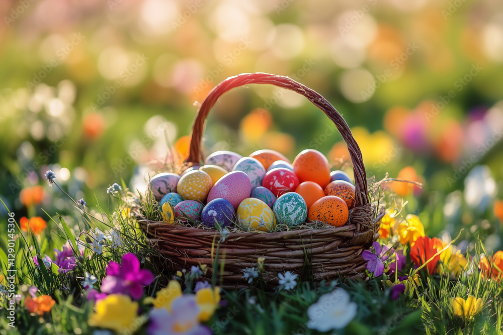basket full of colorful Easter eggs is sitting in a field of flowers. The basket is overflowing with eggs of various colors, including yellow, green, and blue. The scene is vibrant and cheerful basket full of colorful Easter eggs is sitting in a field of flowers. The basket is overflowing with eggs of various colors, including yellow, green, and blue. The scene is vibrant and cheerful