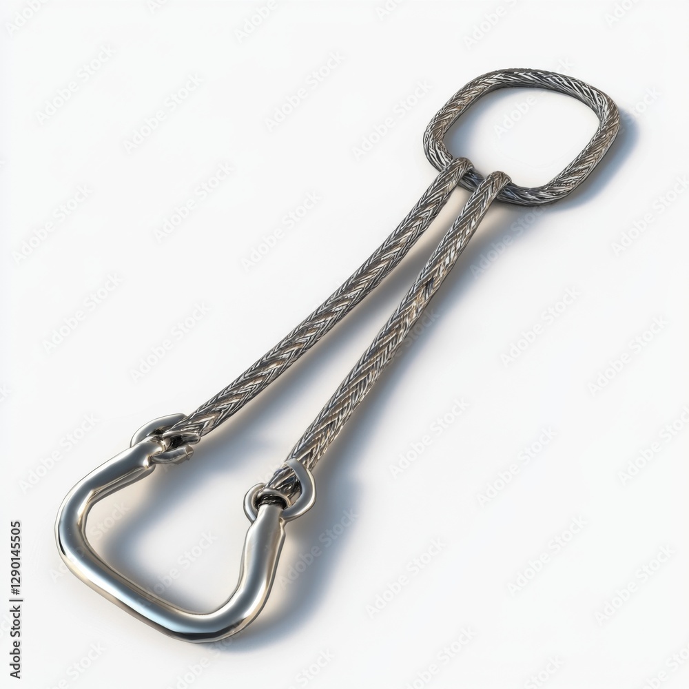 Silver metal carabiner clip with rope loop designed for outdoor activities and climbing, showcasing strength and durability Silver metal carabiner clip with rope loop designed for outdoor activities and climbing, showcasing strength and durability