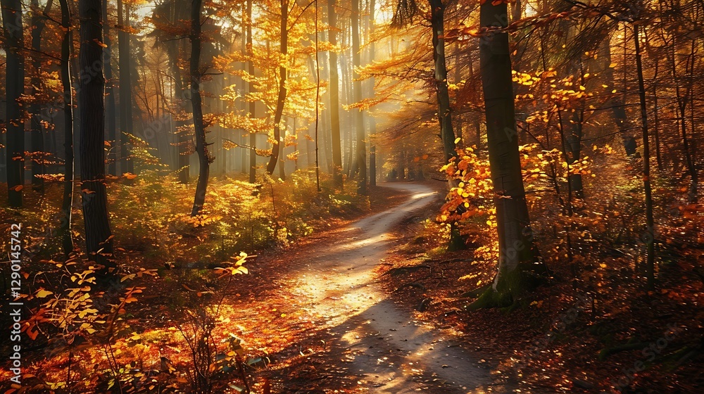 Obraz premium Serene Autumn Forest Path Illuminated by Soft Sunlight Through Colorful Leaves