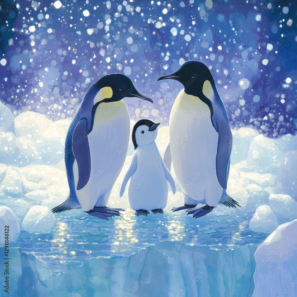 Obraz premium Adorable emperor penguin family standing together on ice floe in the arctic winter wonderland scene illustration