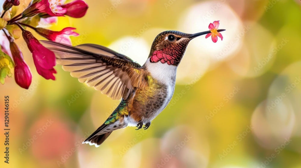 Fototapeta premium Hummingbird in flight with a flower in its beak against a bokeh background of pink and yellow hues nature photography