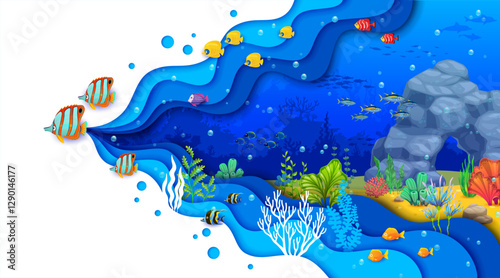Cartoon tropical sea paper cut underwater landscape. Bright fish and shoal, seaweeds and corals on ocean bottom. 3d vector mesmerizing colorful beauty and diversity of life beneath the ocean surface