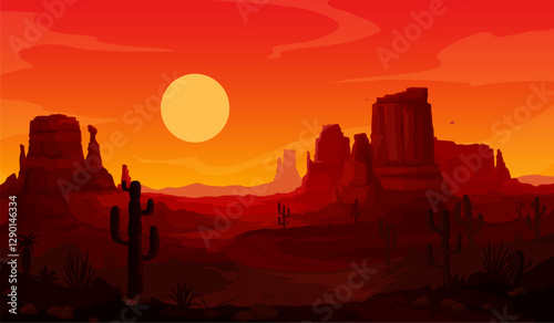 Evening sunset mexican desert landscape with cactus and flying eagle silhouettes. Vector scenic background with dramatic, vibrant red and orange colors of dusk time. Majestic arizona canyon mountains