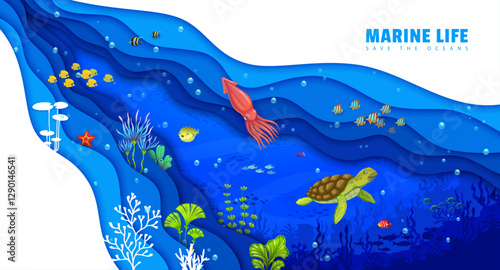 Underwater life. Cartoon tropical sea paper cut landscape, turtle and squid, fish shoal and seaweeds. 3d vector banner with bright vibrant color palette, crystal-clear water teeming with marine fauna