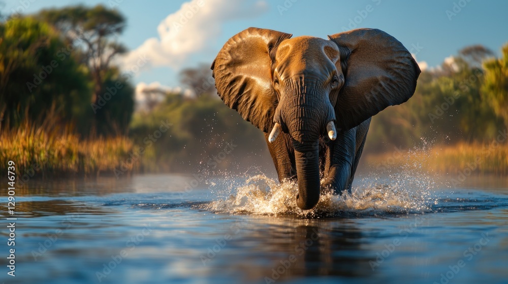 Fototapeta premium Majestic african elephant wading through serene river water at golden hour in botswana africa safari adventure wildlife photography