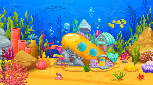 Cartoon sea underwater landscape with submarine house on bottom, vector undersea background. Ocean underwater home dwelling of marine creature in bathyscaphe or seashell house of coral reef world