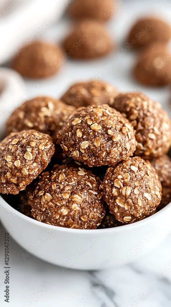 Chocolate oat cookies in bowl on marble Chocolate oat cookies in bowl on marble