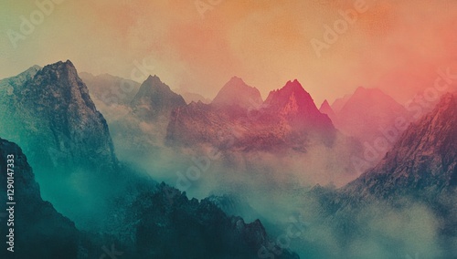 Misty mountain range at colorful sunrise photo
