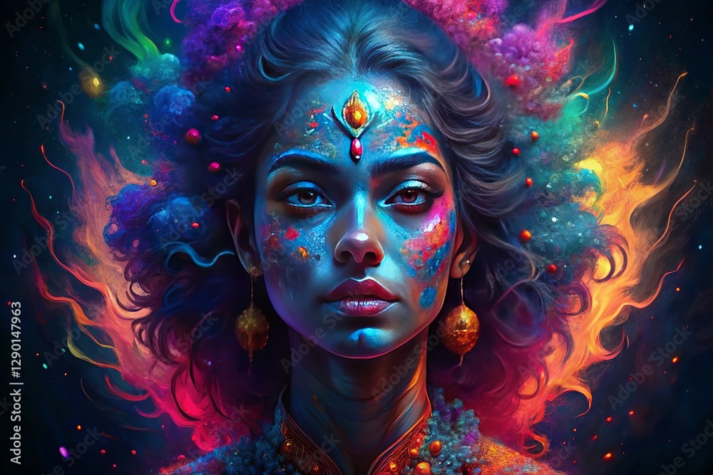 A mesmerizing close-up portrait of a stunning Indian woman covered in Holi powder. A mesmerizing close-up portrait of a stunning Indian woman covered in Holi powder.