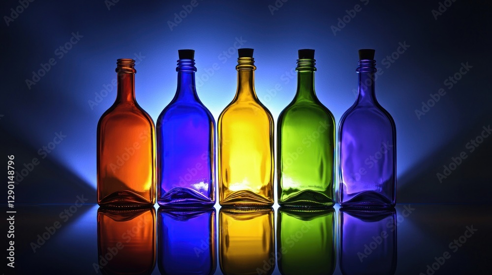 Vibrant spectrum of colorful glass bottles reflecting on glossy surface against a gradient blue background in studio setting Vibrant spectrum of colorful glass bottles reflecting on glossy surface against a gradient blue background in studio setting