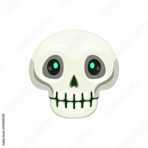 Cartoon Halloween skull emoji, isolated vector eerie dead head emoticon. Whitish-gray human cranium with green glow inside of large, black eye sockets, represents death, humor or danger