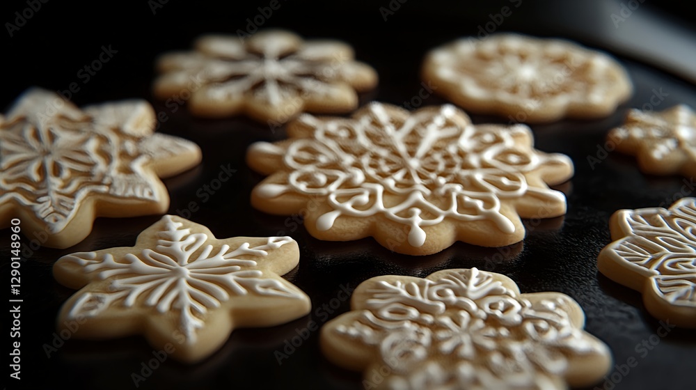 Decorated Sugar Cookies in the Shape of Snowflakes on Black Surface Decorated Sugar Cookies in the Shape of Snowflakes on Black Surface