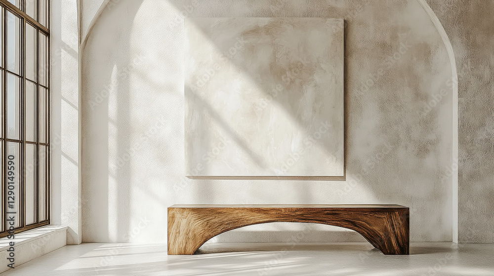 A refined art gallery setting, featuring a large, abstract monochrome painting elegantly framed against a softly textured off-white background A refined art gallery setting, featuring a large, abstract monochrome painting elegantly framed against a softly textured off-white background
