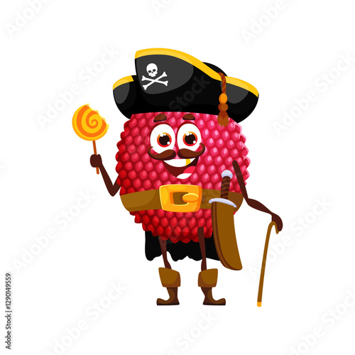 Cartoon Halloween fruit lychee in pirate costume, holiday vector cute character. Lychee fruit pirate captain or filibuster in sailor hat with skull crossbones and lollipop for Halloween trick or treat