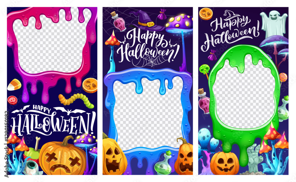 Halloween holiday social media templates. Vector layouts with slime melt frames, cartoon pumpkins, creepy sweets, zombie hand and ghost. Mushrooms, spiderweb and bats, potion flasks and witch hats