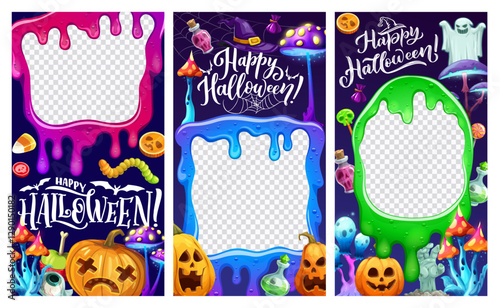 Halloween holiday social media templates. Vector layouts with slime melt frames, cartoon pumpkins, creepy sweets, zombie hand and ghost. Mushrooms, spiderweb and bats, potion flasks and witch hats