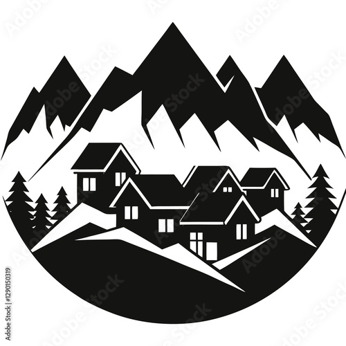  silhouette vector of mountain village chalet