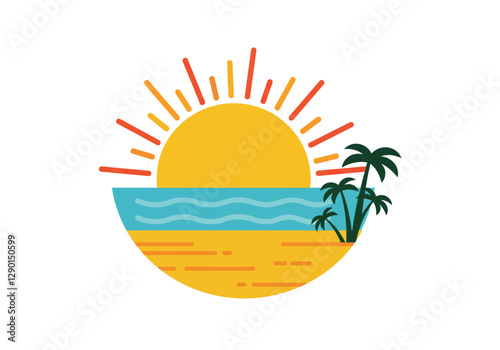 Beach sun clipart illustration design. This image shows a stylized sun setting over the ocean with palm trees on a beach. Vector illustration design.