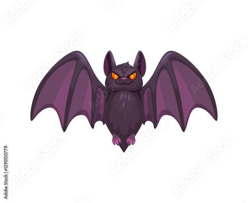 Cartoon Halloween bat emoji character. Isolated vector cute vampire animal emoticon with pointy ears, wings and glowing eyes, showcasing its playful and spooky vibe for the holiday season celebration