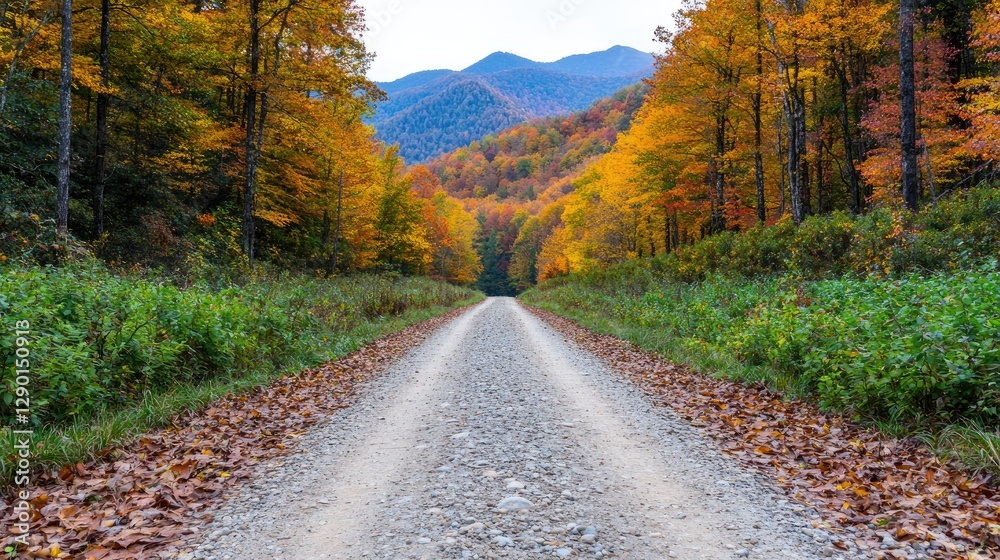 Obraz premium Autumnal gravel road through colorful forest, mountains backdrop, scenic drive