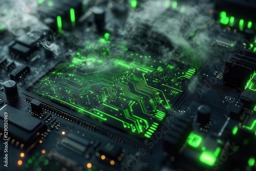 intricate circuit board with neon green traces weaving through a matte black surface, faint smoke rising, macro view, symbolizing tech evolution, vibrant and detailed.