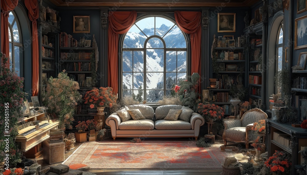 Obraz premium Maximalist Interior with Bookshelves and Mountain View Window - Opulent Living Room Design