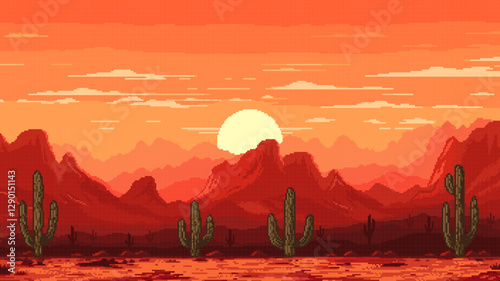 Wild west desert landscape, 8bit pixel art game vector background with canyon rocks. Western landscape of Arizona, Texas or Mexican desert valley with sunset in sky and cactuses silhouette in 8 bit