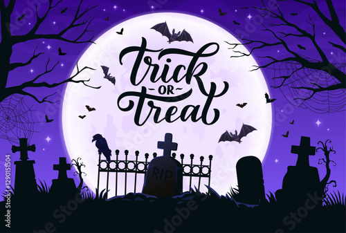 Halloween trick or treat banner with cemetery silhouette and tombstones, vector background. Halloween holiday greeting card with creepy ravens, bats and midnight moon on cemetery graveyard