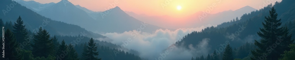 Misty mountain forest, ancient trees, ethereal glow, cedar, evergreen Misty mountain forest, ancient trees, ethereal glow, cedar, evergreen