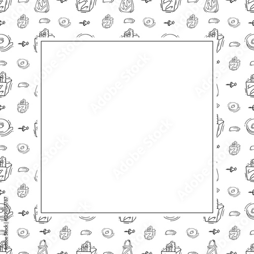 artist tool frame. doodle art supplies square frame. hand drawn artist kit frame background. art material background