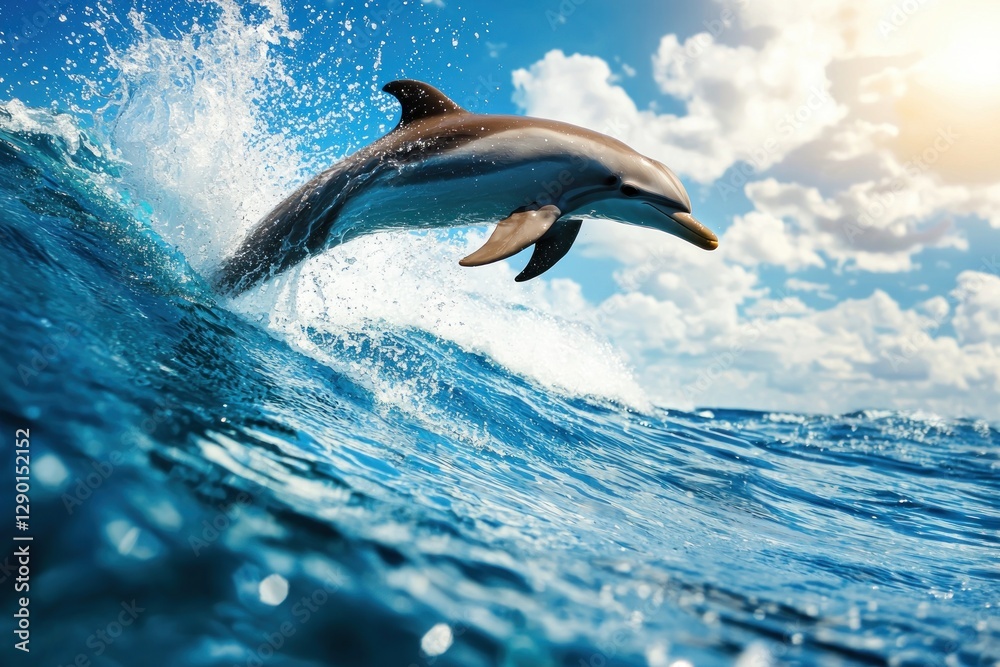Fototapeta premium Captivating dolphin leaps from ocean wave against sunny sky creating dynamic splash and joyful marine wildlife scene with vibrant colors and natural light