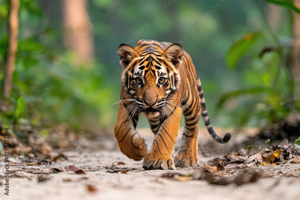 Fototapeta premium Captivating tiger cub walking through the lush green forest with intense gaze and playful energy in natural light