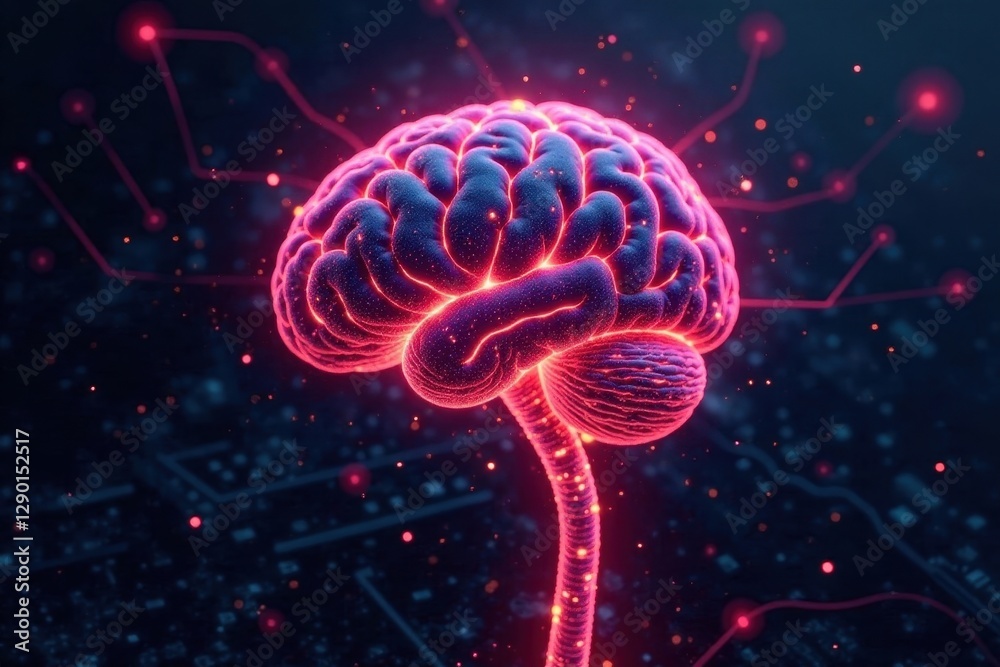 Fototapeta premium Synaptic connections, glowing AI brain, circuit board texture, artificial intelligence, illustration