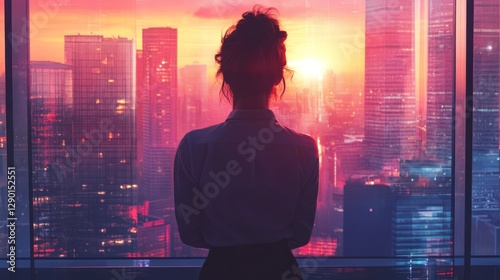 Wallpaper Mural A business woman standing in her modern office, gazing at the sleek glass towers in the cityscape Torontodigital.ca