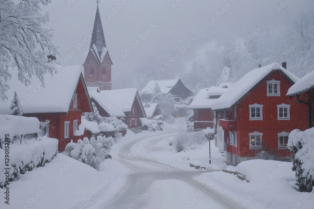 Naklejka premium Snow falling on red houses and church in a mountain village