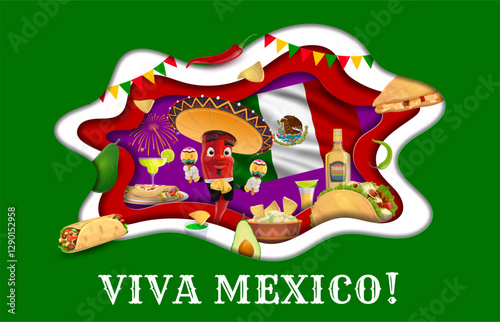 Viva mexico paper cut banner with Tex Mex cuisine, chili character and national mexican flag. Mexican food party 3d vector banner with mariachi chili personage, burrito, taco and guacamole meals