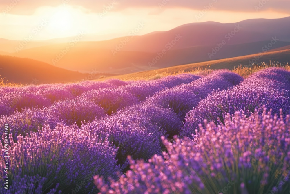 Obraz premium lavender field at sunset, purple blooms swaying in gentle breeze, golden light creating soft gradient across rolling hills