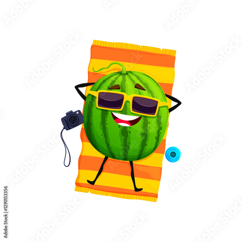 Cartoon watermelon character sunbathing on beach. Juicy fruit comical character, ripe watermelon isolated vector funny personage or summer vacation, lying on towel, sunbathing on beach